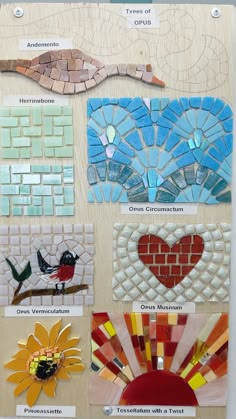 the different types of mosaics are displayed on a wall with words written below them