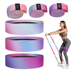 a woman is doing exercises with her resistance band and other accessories for the waist belt