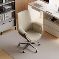 an office chair sitting in front of a computer desk