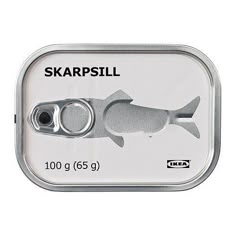 an image of a fish in a tin with labels on it that say skarpill