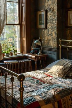 a bed sitting in a bedroom next to a window