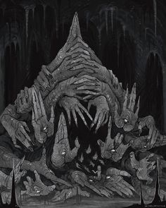 a black and white drawing of hands coming out of a pile of dead bodies in a dark cave