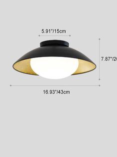 an image of a black and gold ceiling light with measurements for the width, height