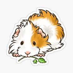 a brown and white hamster eating a green leaf sticker on a white background