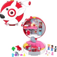 a red and white toy with lots of toys in it