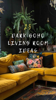 a living room with yellow couches and plants