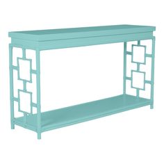 a white console table with an intricate design on the top and bottom shelf, against a white background