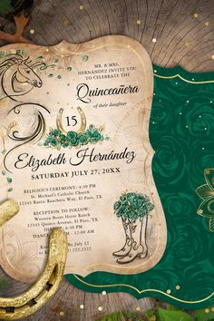 an ornate green and gold quinceaura birthday party with a horse on it