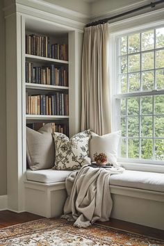 Fall reading nook tucked into a built-in bookcase with a hidden door leading to a secret room Nook Inspiration, Cozy Ideas, Fall Reading, Cozy Autumn, Updating House, Window Seat, Reading Nook, Fall Home Decor