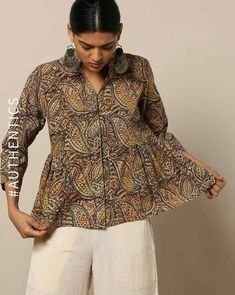 Ajrakh Top Designs, Kalamkari Tops For Jeans, Ethnic Shirts Women, Kalamkari Shirts Women, Kalamkari Coord Set, Kalamkari Dresses Kurti, Ajrakh Tops, Kalamkari Tops, Printed Tops For Women