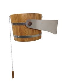 a wooden bucket with a knife hanging from it's side and a chain attached to the outside