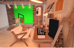 a computer desk and chair in a room with green screen behind the keyboard on the wall