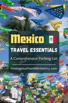 colorful flags and palm trees with the words mexico travel essentials on top of them