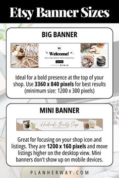 two banners with different items on them and the words, e - shop banner sizes