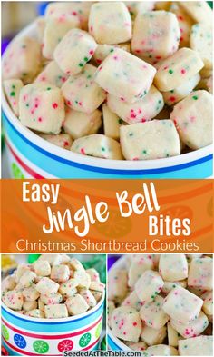 christmas shortbread cookies with sprinkles are in a bowl and on the table