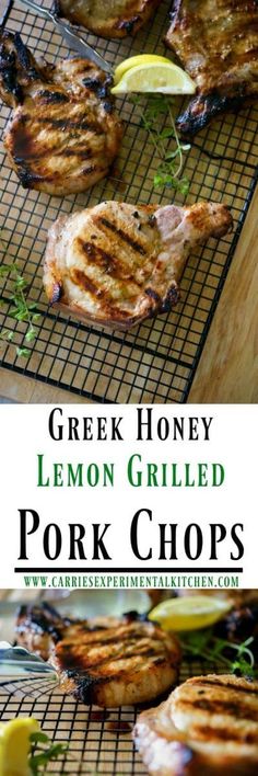 grilled pork chops on a grill with lemon wedges