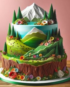 a three tiered cake decorated with trees and flowers on top of a wooden table