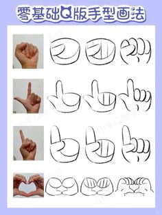 various hand gestures with chinese writing in the middle and lowercase letters on each side