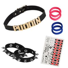 PRICES MAY VARY. 6 PCS/Set HQ Accessories: Harley Puddin Choker Set includes 2* Spike bracelets, 1*pudding collar, 1*temporary tattoo sticker ,4*hair cords (fluorescent pink *2, jewel blue *2), perfect for matching with Quinn the Clown's costume. MATERIALS: Our Puddin Choker is made from premium pu leather on the outside and suede on the inside for a soft, lightweight and comfortable fit, while the Quinn Bracelet features studded accents for a metallic, punk-inspired look. DESIGN: We specially d Themed Jewelry For Halloween Cosplay, Harajuku Style Adjustable Costume Accessories For Halloween, Harajuku Style Black Jewelry, Punk Jewelry For Halloween Cosplay, Punk Style Jewelry For Halloween Cosplay, Trendy Metal Jewelry For Cosplay, Halloween Novelty Jewelry For Cosplay, Halloween Cosplay Novelty Jewelry, Trendy Black Jewelry For Cosplay