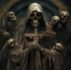 a group of skulls surrounding a skeleton holding a cross