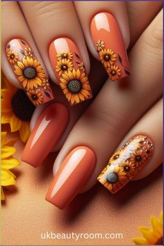 Coffin Nail Art, Orange Nail Designs, Yellow Nails Design, Sunflower Nails, Creative Nail Art, Green Nail Designs, Cute Spring Nails, Pink Nail Art