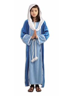 Ancient paintings and statues of the blessed Virgin Mary depict her in a flowing blue robe and headscarf similar to this Girls Deluxe Mary Costume. The Girl's Deluxe Mary Costume features two beautiful shades of blue. The one piece costume features a light blue under-dress with an attached darker blue robe. The white headpiece is also attached to the gown. The costume is completed with a rope tie belt. Sandals would be an optional addition to this costume that you may buy here. Your child will l Virgin Mary Costume, Mary Costume, Priest Costume, Light Blue Gown, Biblical Costumes, Nativity Costumes, Christmas Pageant, Hooded Dress, Christmas Costumes