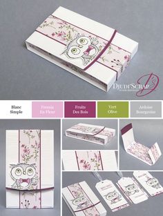 an image of some cards and envelopes with owls on them, all in different colors