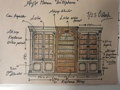 a drawing of an old bookcase with labels on it and instructions for the doors