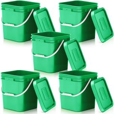 six green plastic storage containers with handles