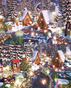 an animated christmas scene with trees and houses in the snow, surrounded by lit up lights