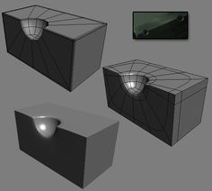 three different angles of a box with a light on it