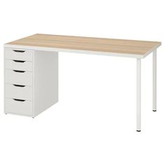 an office desk with four drawers on each side