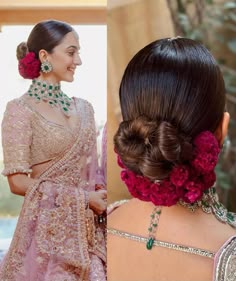 Saree Bridal Hairstyles, Gajra Look With Saree, Bridal Hairstyles Reception, Bridal Floral Bun Hairstyles, Lehenga Bun Hairstyles, Flowers On Hair Indian, Buns With Saree, Indian Bride Wedding Hairstyles