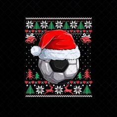 a soccer ball wearing a santa hat on top of a black background with snowflakes