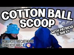 two people in blue hats and one person wearing a blue hoodie with the words cotton ball scoop