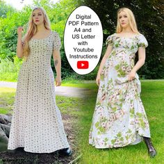 two women in long dresses standing next to each other on the grass, one wearing an off shoulder dress