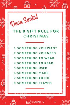 a red and white christmas card that says dear santa the b gift rules for christmas