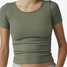 Ribbed, Olive Green, Short-Sleeved Top, Intimately Fp Size Xs/S Perfect Everyday Top! Green Seamless Short Sleeve Top, Snug Fit Seamless Tops For Spring, Green Ribbed Scoop Neck Top, Fitted Green Ribbed Top, Free People Fall, Casual Wear Summer, Half Sleeve Women, Cut Tee Shirts, Tshirts For Women