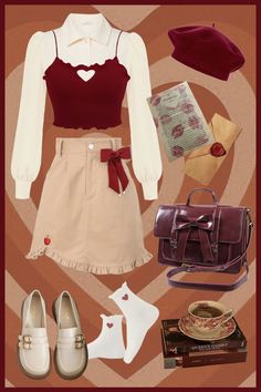 Romantic Academia Outfit inspiration #academia #outfits #outfitoftheday #lookbook Red Feminine Outfit, Romantic Academia Clothes, Casual Royalcore Outfits, Romantic Cottagecore Outfit, Art Core Outfits, Pink Academia Outfits, Cutesy Aesthetic Outfits, Romantic Outfit Aesthetic