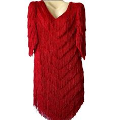 80’s Vintage Nightworks Fringe Flapper Great Gatsby Style Fire Red Dress Nwt Size 12 New With Tags This Gorgeous Dress Has A V-Neck Front And Back. It Has Angled V-Shaped Sleeves And Hem. So Pretty!! This Dress Is So Well-Made And Pretty Heavy Compared To Other Dresses, Weighing In Over 1 Pound. - Slips Over The Head, No Zipper. - 100% Polyester Fringe - 100% Rayon Fabric (Allows Some Stretching) - Great Gatsby/Flapper Style Dress From The 70's-80's. Approximate Measurements Below, Please Review Fitted Red Fringe Dress, Fitted Red Dress With Fringe, Vintage Red Dress For Night Out, Red Vintage Dress For Night Out, Sudanese Wedding, Great Gatsby Style, Camille Dress, Flapper Style Dresses, Great Gatsby Fashion