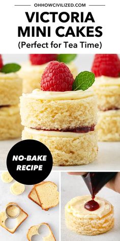 the recipe for victoria mini cakes with raspberries on top is shown in three different pictures