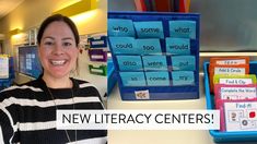 a woman sitting at a desk with some books on it and the words new library centers