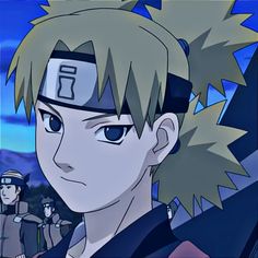 an anime character with short hair and blue eyes in front of other characters wearing hats