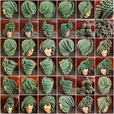 crocheted hats and wigs are shown in many different styles, including green