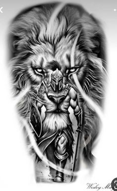 Spartan Warrior Tattoo Gladiators, Lion Warrior Tattoo Design, Lion Gladiator Tattoo Design, Warrior Half Sleeve Tattoo Men, Lion And Warrior Tattoo, Lion With Warrior Tattoo Design, Scared Lion Tattoo, Spartan Warrior Lion Tattoo, Shaded Lion Tattoo