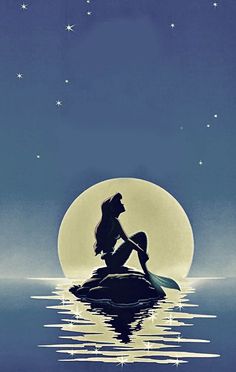 the little mermaid is sitting on top of a rock in the water under a full moon