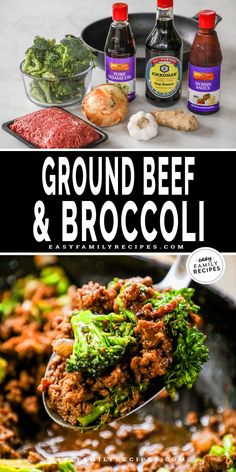 ground beef and broccoli is being spooned into a skillet with sauce