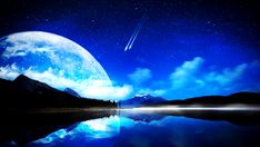 an image of the moon and stars in the night sky over water with mountains on either side