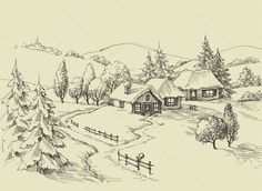 a drawing of a farm house in the country side with trees and snow on the ground