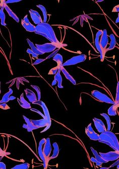 blue flowers on a black background with red stems